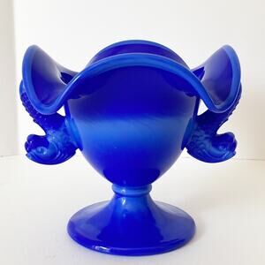 Vintage Fenton Blue Pedestal Bowl Dish Dolphin Head